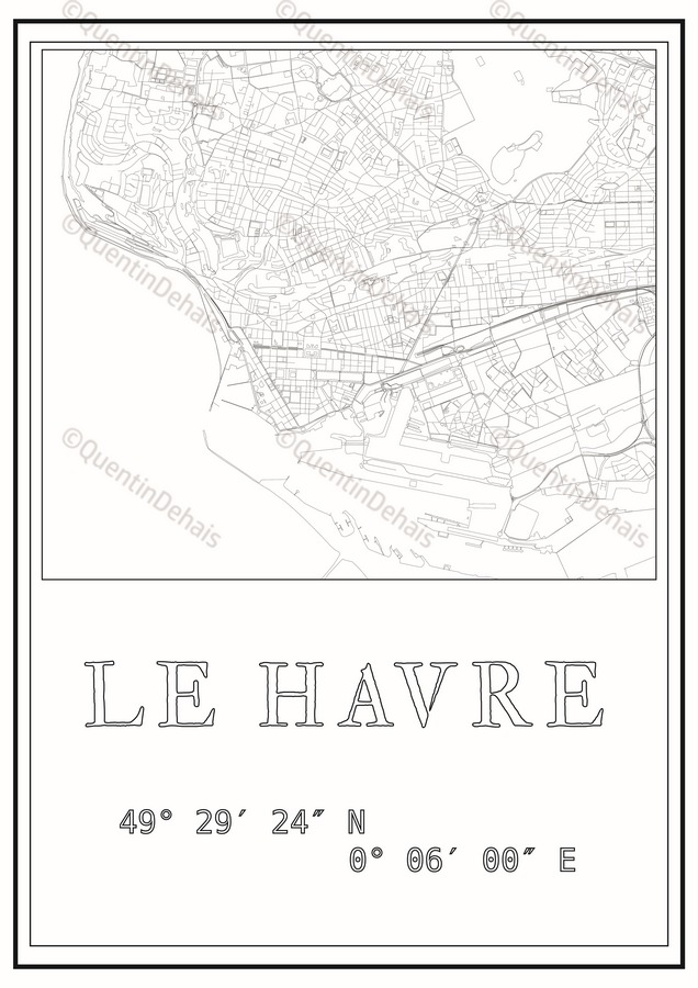 Plan ville du Havre avec les coordonnées géographiques de la ville